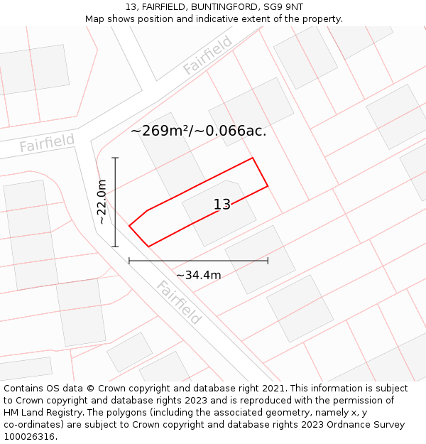 13, FAIRFIELD, BUNTINGFORD, SG9 9NT: Plot and title map