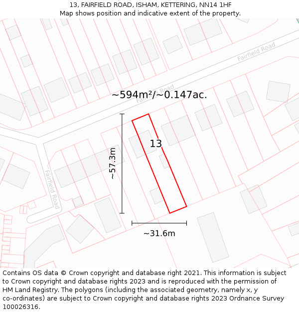 13, FAIRFIELD ROAD, ISHAM, KETTERING, NN14 1HF: Plot and title map