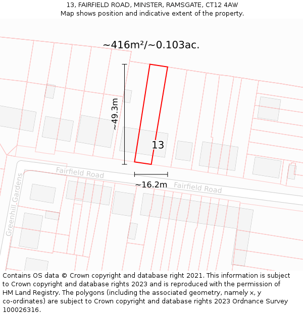 13, FAIRFIELD ROAD, MINSTER, RAMSGATE, CT12 4AW: Plot and title map