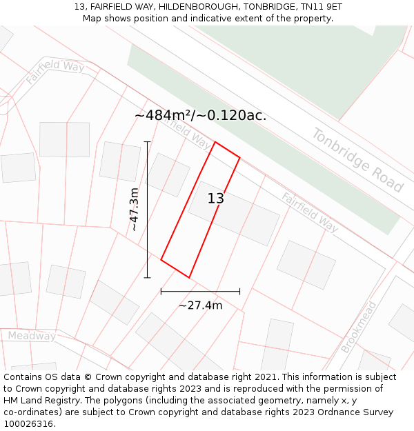 13, FAIRFIELD WAY, HILDENBOROUGH, TONBRIDGE, TN11 9ET: Plot and title map