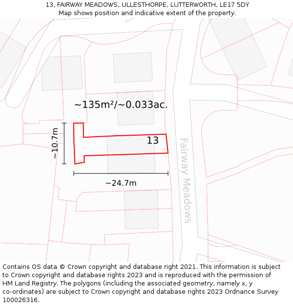 13, FAIRWAY MEADOWS, ULLESTHORPE, LUTTERWORTH, LE17 5DY: Plot and title map