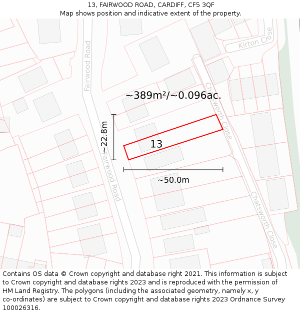 13, FAIRWOOD ROAD, CARDIFF, CF5 3QF: Plot and title map