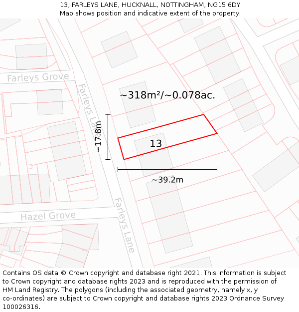 13, FARLEYS LANE, HUCKNALL, NOTTINGHAM, NG15 6DY: Plot and title map