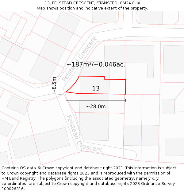 13, FELSTEAD CRESCENT, STANSTED, CM24 8UX: Plot and title map