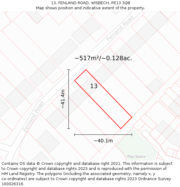 13, FENLAND ROAD, WISBECH, PE13 3QB: Plot and title map