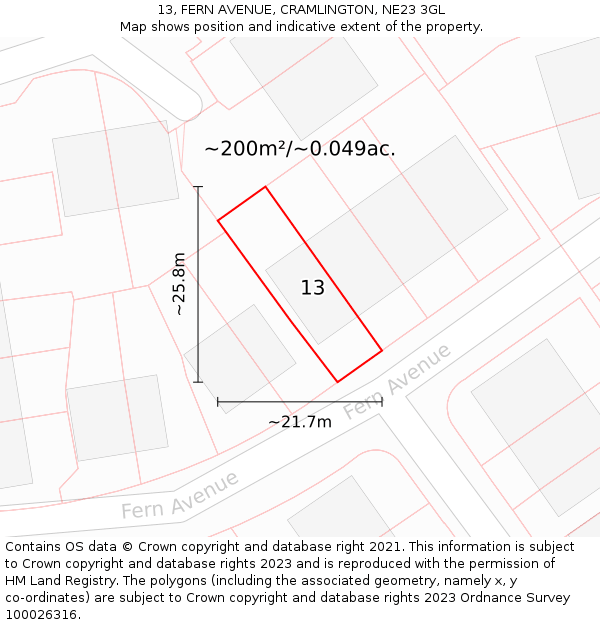 13, FERN AVENUE, CRAMLINGTON, NE23 3GL: Plot and title map