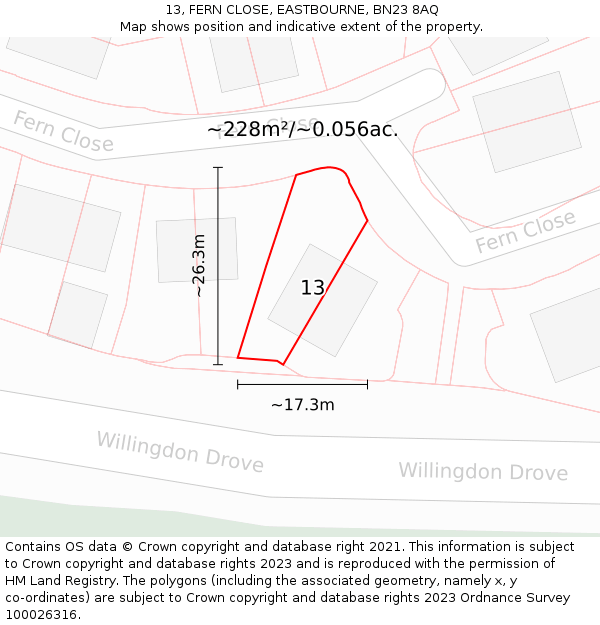 13, FERN CLOSE, EASTBOURNE, BN23 8AQ: Plot and title map