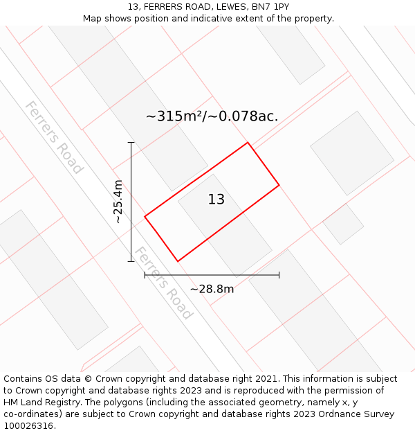 13, FERRERS ROAD, LEWES, BN7 1PY: Plot and title map