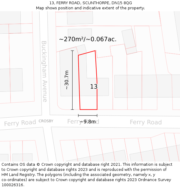 13, FERRY ROAD, SCUNTHORPE, DN15 8QG: Plot and title map