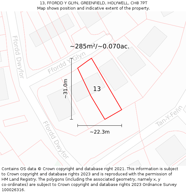 13, FFORDD Y GLYN, GREENFIELD, HOLYWELL, CH8 7PT: Plot and title map