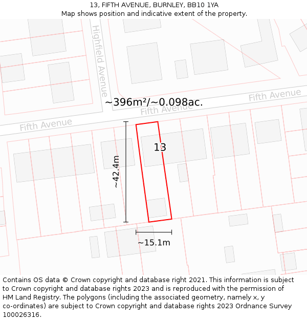 13, FIFTH AVENUE, BURNLEY, BB10 1YA: Plot and title map