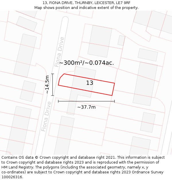 13, FIONA DRIVE, THURNBY, LEICESTER, LE7 9RF: Plot and title map