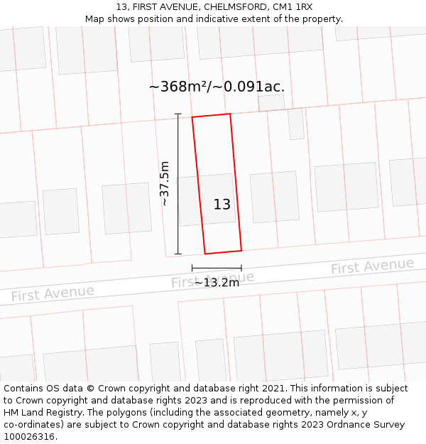 13, FIRST AVENUE, CHELMSFORD, CM1 1RX: Plot and title map