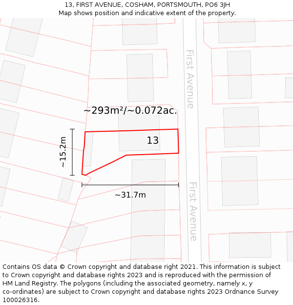 13, FIRST AVENUE, COSHAM, PORTSMOUTH, PO6 3JH: Plot and title map