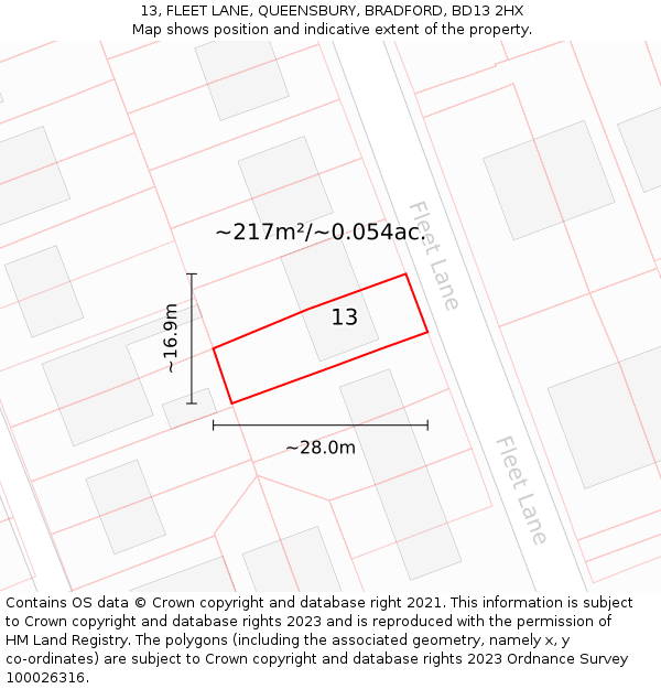 13, FLEET LANE, QUEENSBURY, BRADFORD, BD13 2HX: Plot and title map