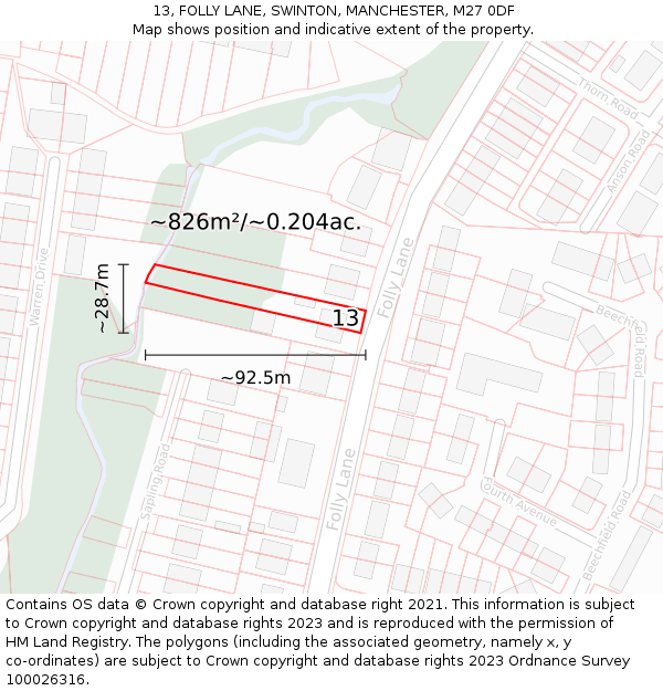 13, FOLLY LANE, SWINTON, MANCHESTER, M27 0DF: Plot and title map