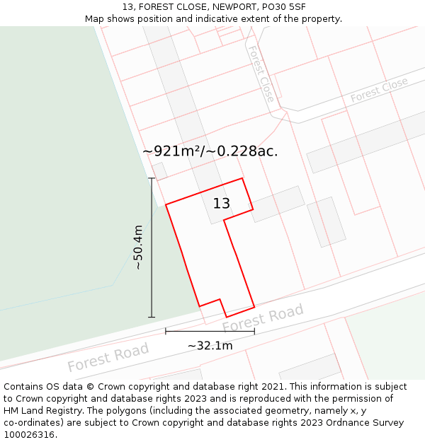 13, FOREST CLOSE, NEWPORT, PO30 5SF: Plot and title map