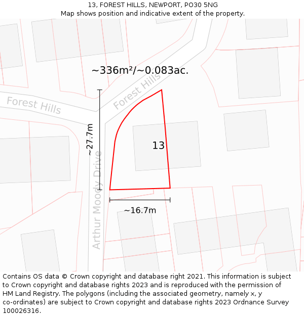 13, FOREST HILLS, NEWPORT, PO30 5NG: Plot and title map