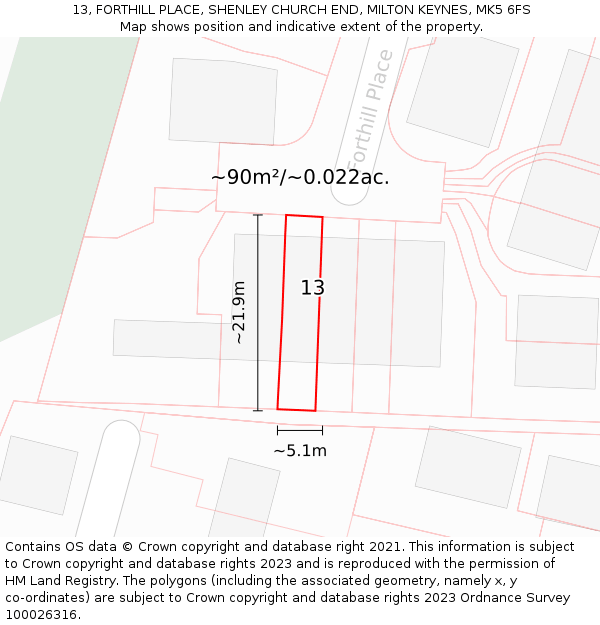 13, FORTHILL PLACE, SHENLEY CHURCH END, MILTON KEYNES, MK5 6FS: Plot and title map