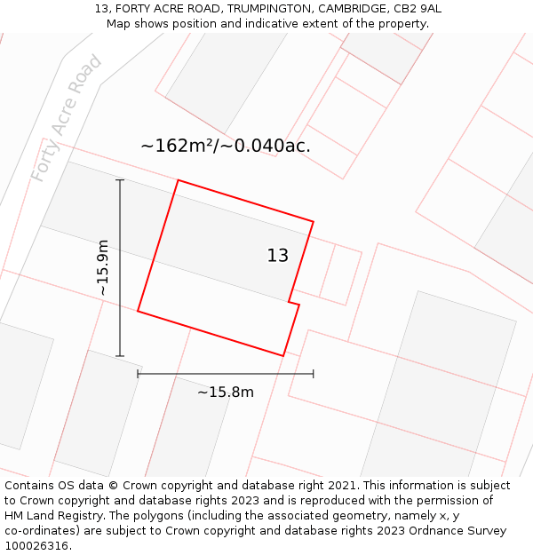 13, FORTY ACRE ROAD, TRUMPINGTON, CAMBRIDGE, CB2 9AL: Plot and title map