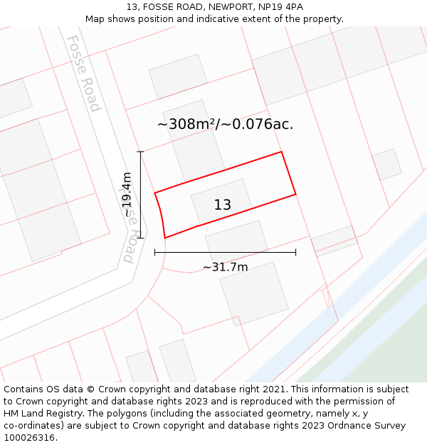 13, FOSSE ROAD, NEWPORT, NP19 4PA: Plot and title map