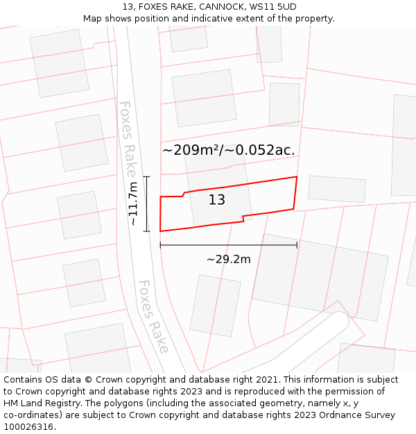 13, FOXES RAKE, CANNOCK, WS11 5UD: Plot and title map