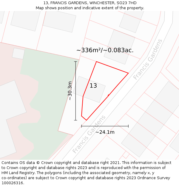 13, FRANCIS GARDENS, WINCHESTER, SO23 7HD: Plot and title map