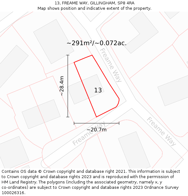 13, FREAME WAY, GILLINGHAM, SP8 4RA: Plot and title map