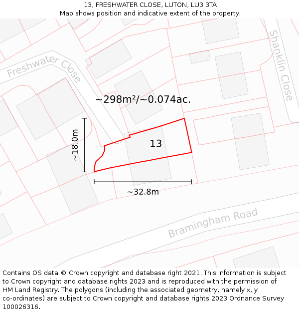 13, FRESHWATER CLOSE, LUTON, LU3 3TA: Plot and title map