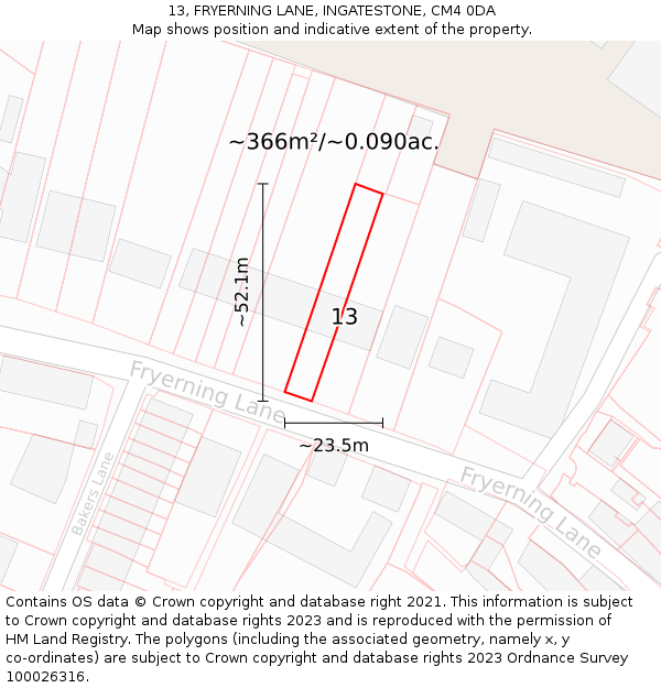 13, FRYERNING LANE, INGATESTONE, CM4 0DA: Plot and title map