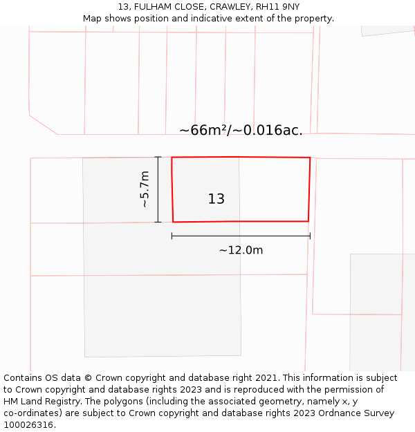 13, FULHAM CLOSE, CRAWLEY, RH11 9NY: Plot and title map