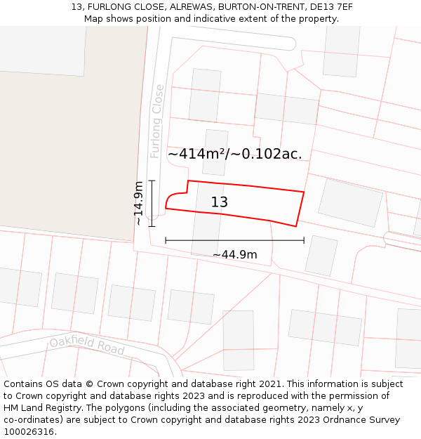 13, FURLONG CLOSE, ALREWAS, BURTON-ON-TRENT, DE13 7EF: Plot and title map