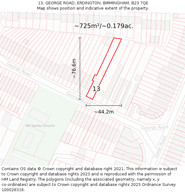 13, GEORGE ROAD, ERDINGTON, BIRMINGHAM, B23 7QE: Plot and title map