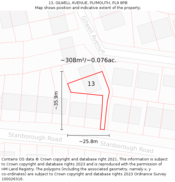 13, GILWELL AVENUE, PLYMOUTH, PL9 8PB: Plot and title map