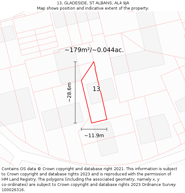 13, GLADESIDE, ST ALBANS, AL4 9JA: Plot and title map