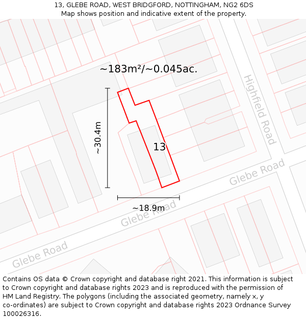 13, GLEBE ROAD, WEST BRIDGFORD, NOTTINGHAM, NG2 6DS: Plot and title map