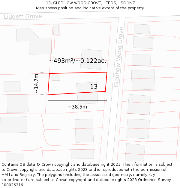 13, GLEDHOW WOOD GROVE, LEEDS, LS8 1NZ: Plot and title map