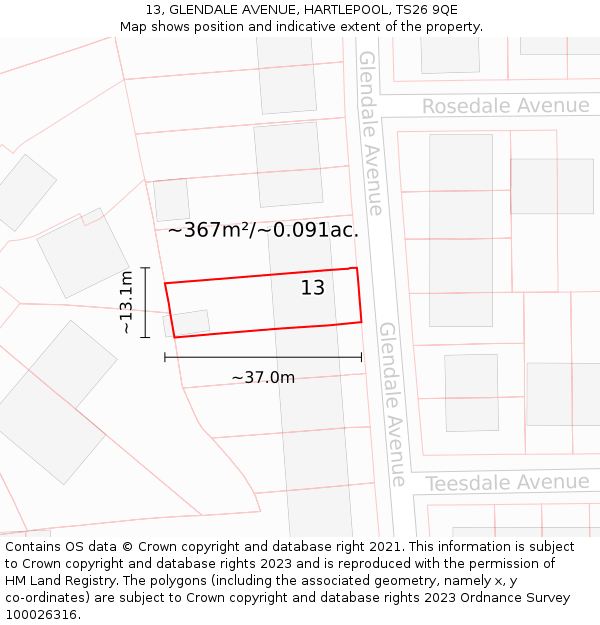 13, GLENDALE AVENUE, HARTLEPOOL, TS26 9QE: Plot and title map