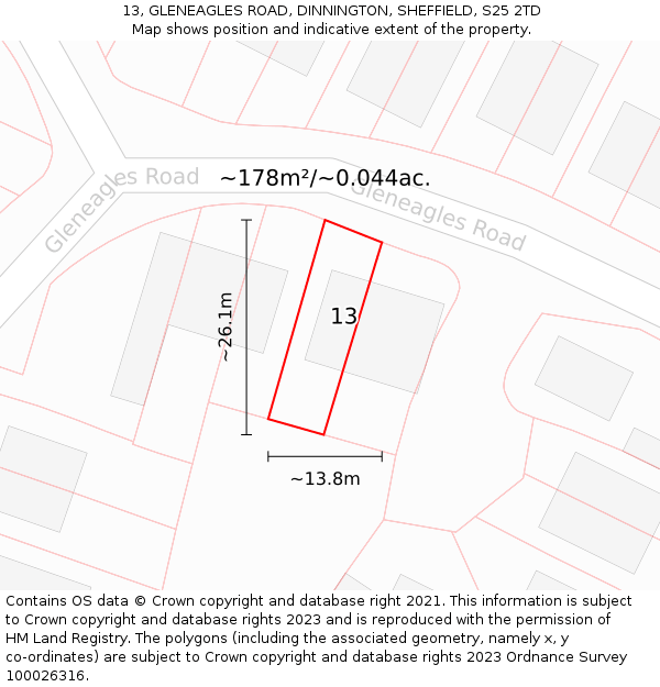 13, GLENEAGLES ROAD, DINNINGTON, SHEFFIELD, S25 2TD: Plot and title map