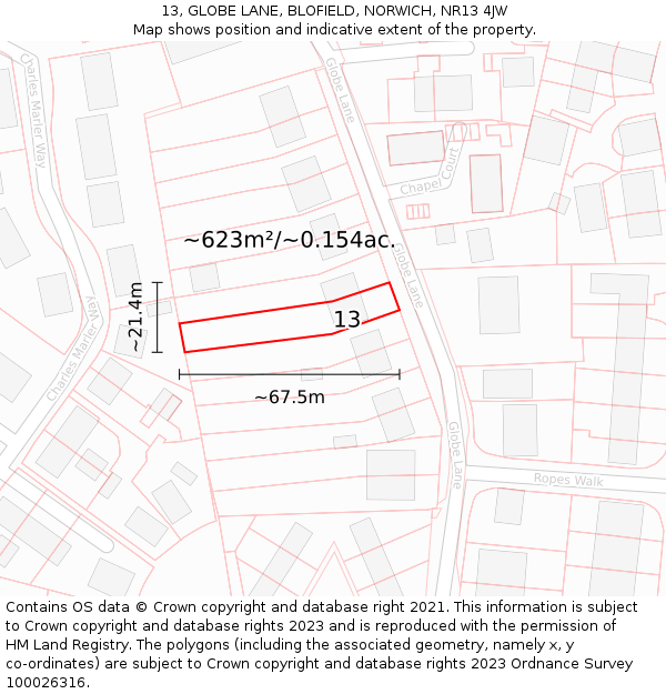 13, GLOBE LANE, BLOFIELD, NORWICH, NR13 4JW: Plot and title map