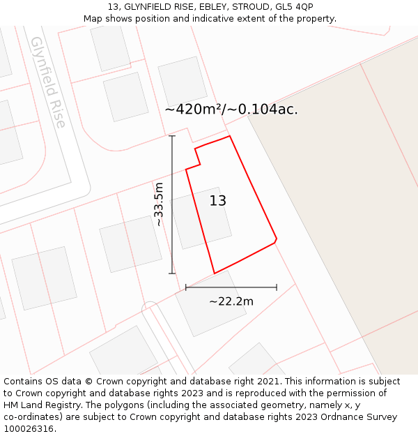 13, GLYNFIELD RISE, EBLEY, STROUD, GL5 4QP: Plot and title map