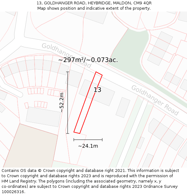 13, GOLDHANGER ROAD, HEYBRIDGE, MALDON, CM9 4QR: Plot and title map