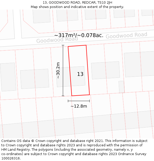 13, GOODWOOD ROAD, REDCAR, TS10 2JH: Plot and title map