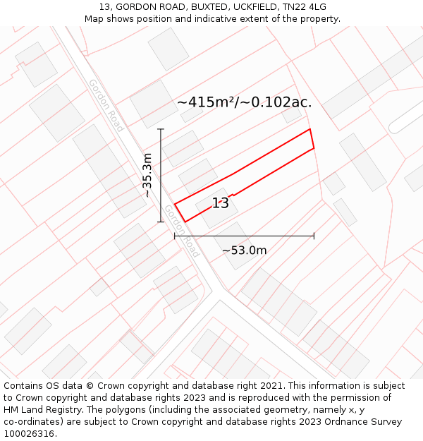 13, GORDON ROAD, BUXTED, UCKFIELD, TN22 4LG: Plot and title map