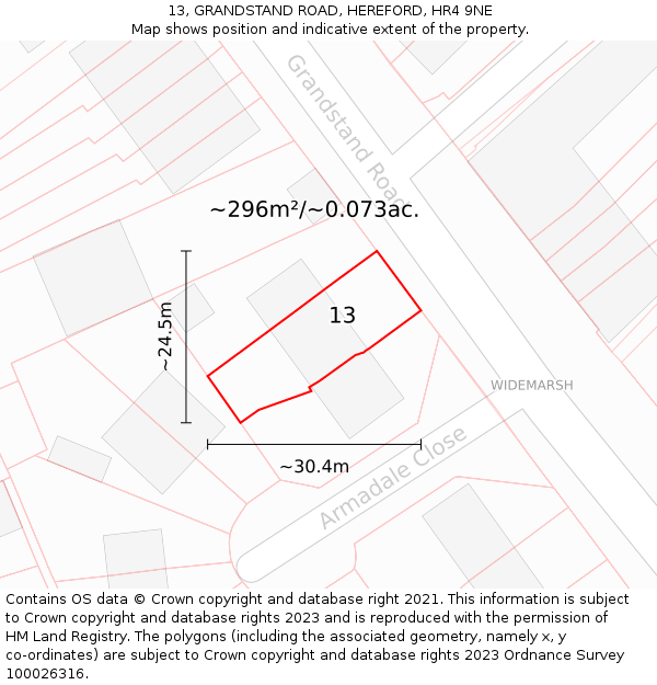 13, GRANDSTAND ROAD, HEREFORD, HR4 9NE: Plot and title map