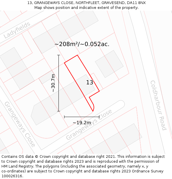 13, GRANGEWAYS CLOSE, NORTHFLEET, GRAVESEND, DA11 8NX: Plot and title map