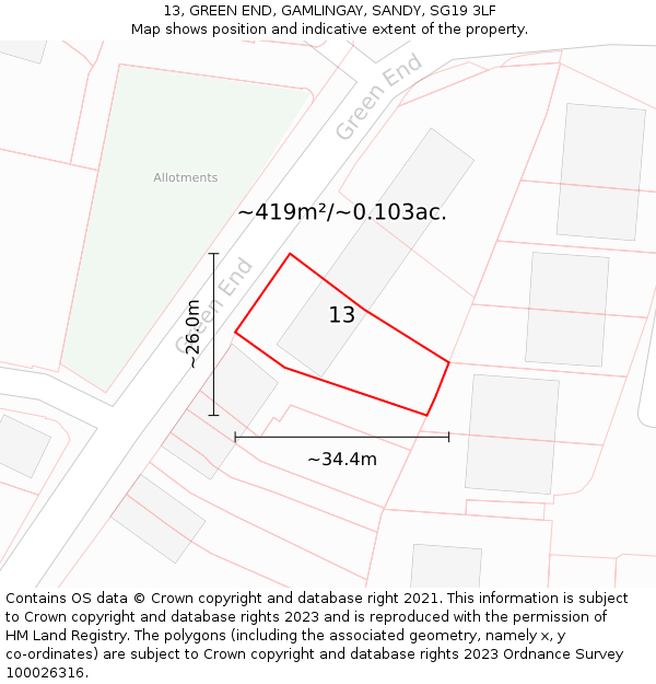 13, GREEN END, GAMLINGAY, SANDY, SG19 3LF: Plot and title map