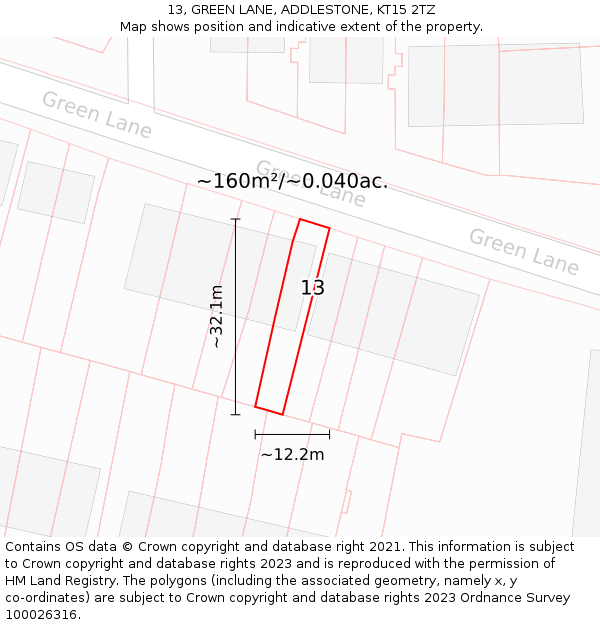 13, GREEN LANE, ADDLESTONE, KT15 2TZ: Plot and title map