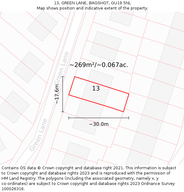 13, GREEN LANE, BAGSHOT, GU19 5NL: Plot and title map