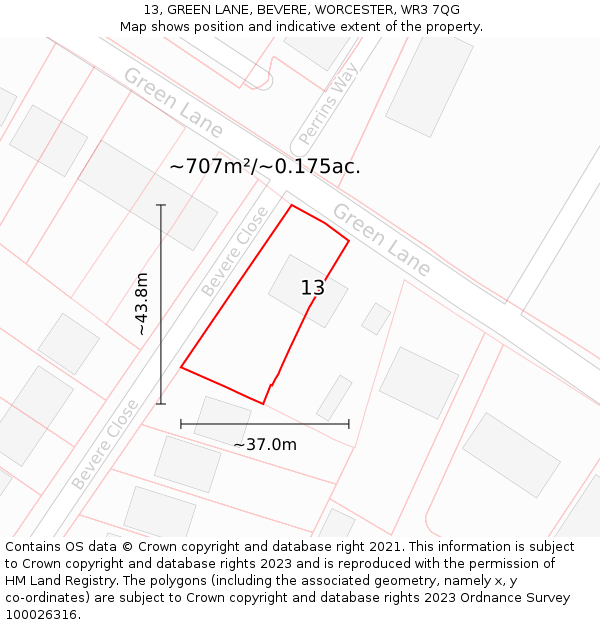 13, GREEN LANE, BEVERE, WORCESTER, WR3 7QG: Plot and title map